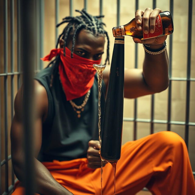 A close-up view of an angry muscular African American gang member with cornrows, wearing baggy orange pants and a red bandana mask covering his mouth and nose