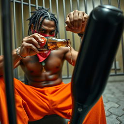 A close-up view of an angry muscular African American gang member with cornrows, wearing baggy orange pants and a red bandana mask covering his mouth and nose