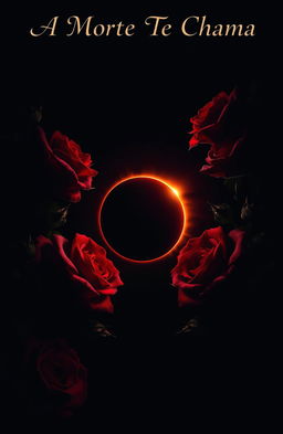 A dark atmosphere with a deep black sky, showcasing a beautiful eclipse in the center