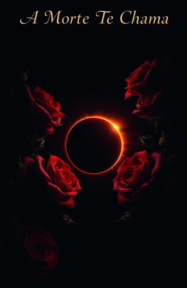 A dark atmosphere with a deep black sky, showcasing a beautiful eclipse in the center