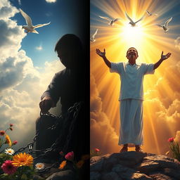 A transformative image depicting a powerful metaphysical journey of a person breaking free from addiction, symbolizing a transition to a renewed spiritual life through divine intervention