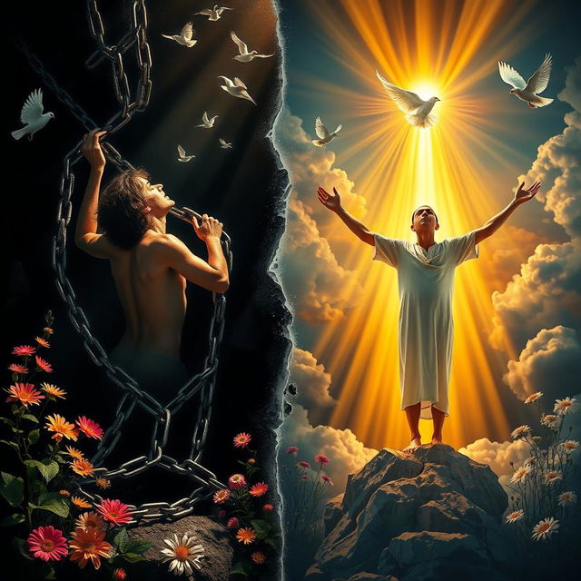 A transformative image depicting a powerful metaphysical journey of a person breaking free from addiction, symbolizing a transition to a renewed spiritual life through divine intervention