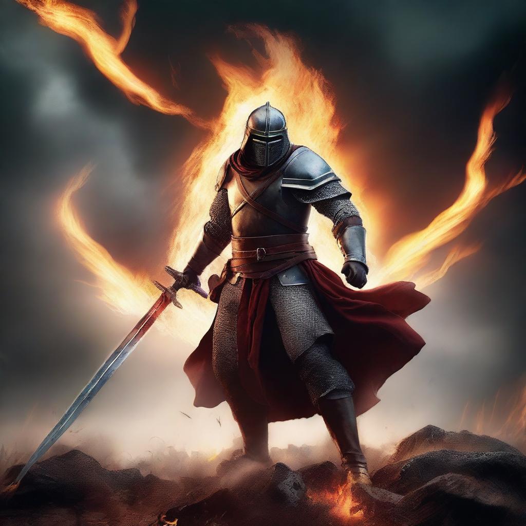 Create an epic image of a medieval soldier wielding a flaming sword in the midst of a brutal battle, defeated warriors lying scattered on the ground, with fierce flames consuming the landscape behind him under an ominous stormy sky