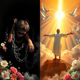 A transformative image depicting a powerful metaphysical journey of a person breaking free from addiction, symbolizing a transition to a renewed spiritual life through divine intervention