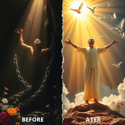 A transformative image depicting a powerful metaphysical journey of a person breaking free from addiction, symbolizing a transition to a renewed spiritual life through divine intervention
