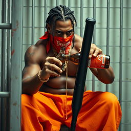 A close-up shot of a muscular African American gang member sitting in a prison cell
