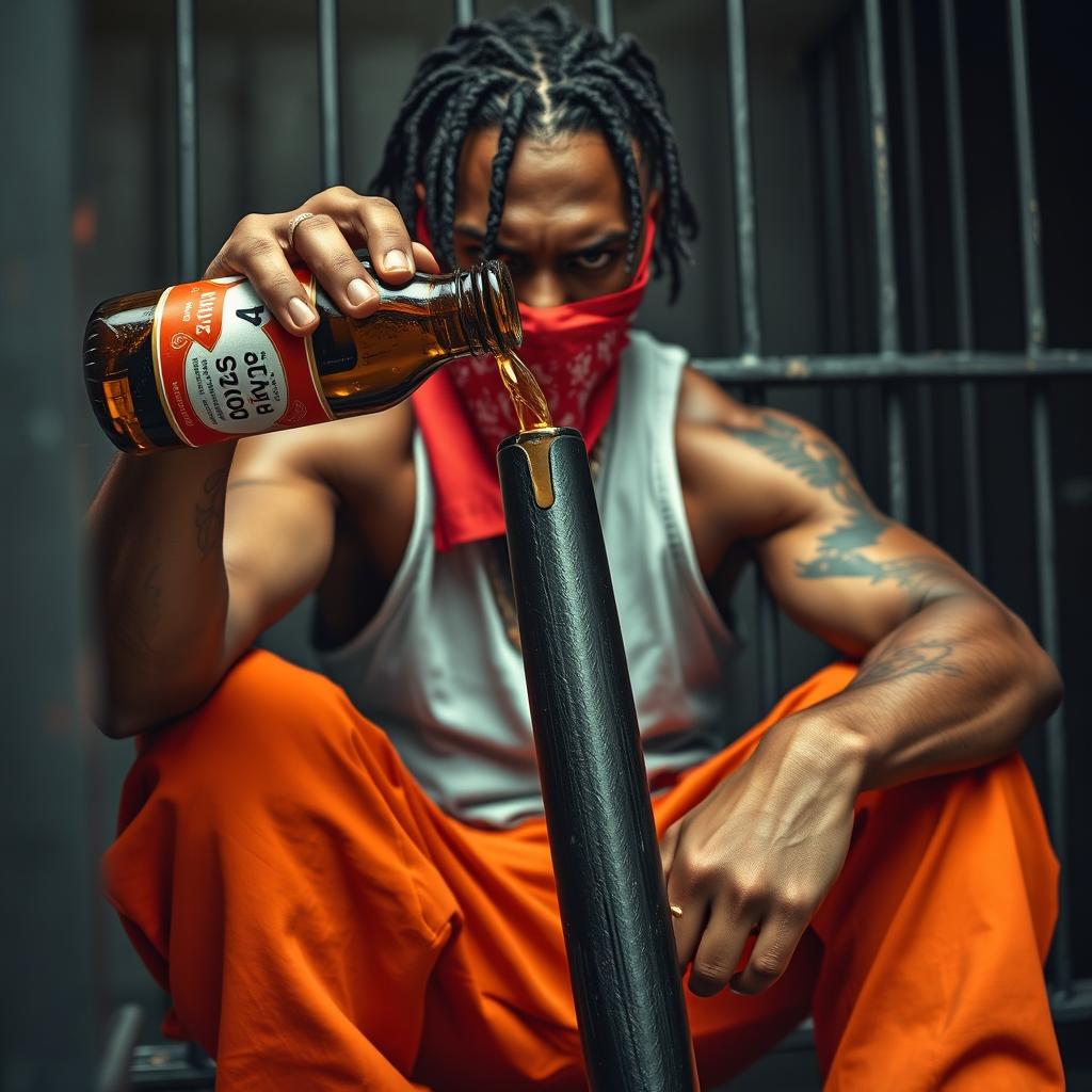 A close-up shot of a muscular African American gang member sitting in a prison cell