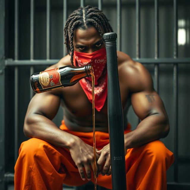 A close-up shot of a muscular African American gang member sitting in a prison cell