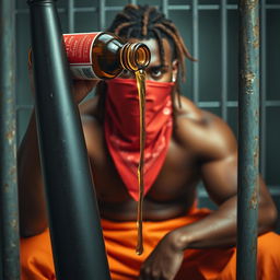 A close-up view of a muscular African American gang member looking angry, wearing baggy orange pants and a red bandana mask covering his mouth and nose