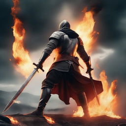 Create an epic image of a medieval soldier wielding a flaming sword in the midst of a brutal battle, defeated warriors lying scattered on the ground, with fierce flames consuming the landscape behind him under an ominous stormy sky