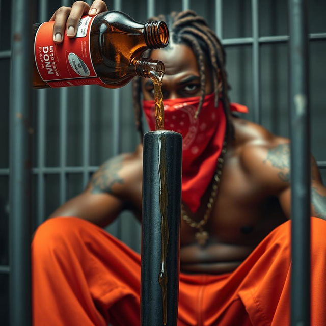 A close-up view of a muscular African American gang member looking angry, wearing baggy orange pants and a red bandana mask covering his mouth and nose