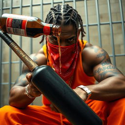 A close-up view of a muscular African American gang member looking angry, wearing baggy orange pants and a red bandana mask covering his mouth and nose
