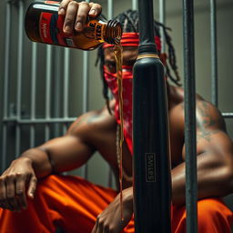 A close-up view of a muscular African American gang member looking angry, wearing baggy orange pants and a red bandana mask covering his mouth and nose