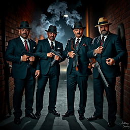 A group of four Mafia members standing together in a dimly lit alley, exuding an air of power and intimidation
