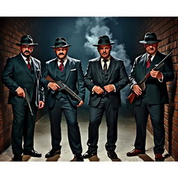 A group of four Mafia members standing together in a dimly lit alley, exuding an air of power and intimidation