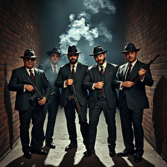 A group of four Mafia members standing together in a dimly lit alley, exuding an air of power and intimidation