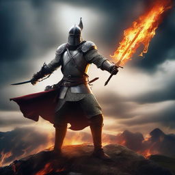 Create an epic image of a medieval soldier wielding a flaming sword in the midst of a brutal battle, defeated warriors lying scattered on the ground, with fierce flames consuming the landscape behind him under an ominous stormy sky