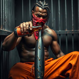 A close-up of a muscular African American gang member sitting in a prison cell, showing intense anger on his face