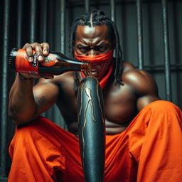 A close-up of a muscular African American gang member sitting in a prison cell, showing intense anger on his face