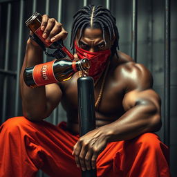 A close-up of a muscular African American gang member sitting in a prison cell, showing intense anger on his face