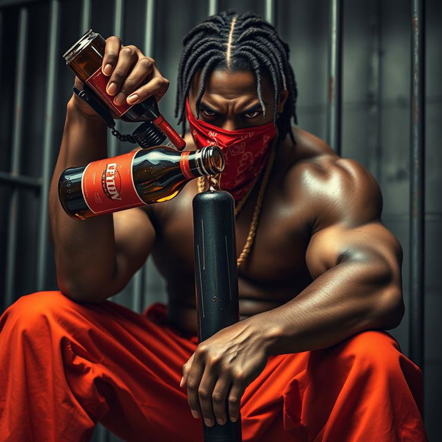 A close-up of a muscular African American gang member sitting in a prison cell, showing intense anger on his face