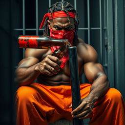A close-up of a muscular African American gang member sitting in a prison cell, showing intense anger on his face