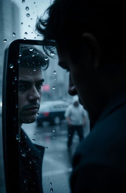 A poignant scene of a man standing in a rain-soaked environment, his face reflecting a deep sense of sadness