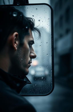 A poignant scene of a man standing in a rain-soaked environment, his face reflecting a deep sense of sadness