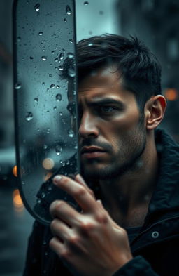 A poignant scene of a man standing in a rain-soaked environment, his face reflecting a deep sense of sadness