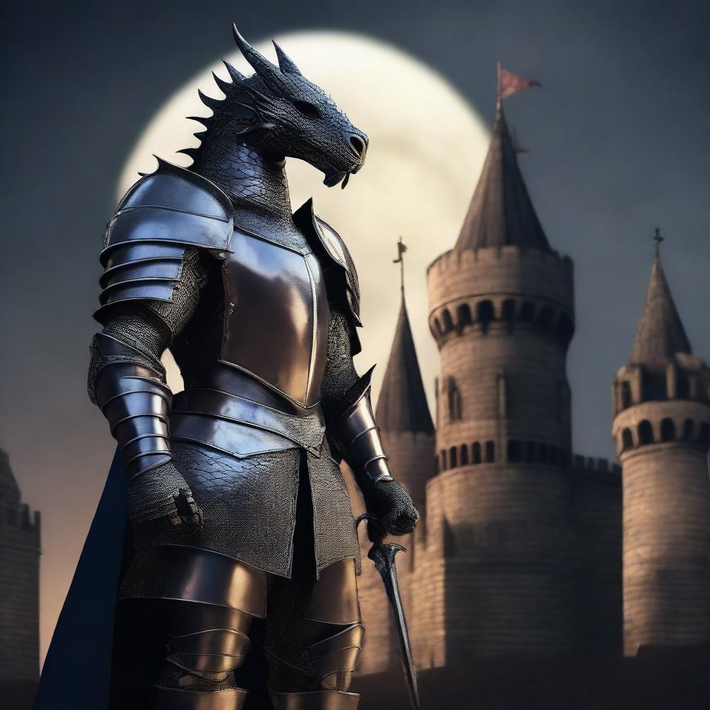 Generate an image of a medieval knight wearing a unique dragon-themed armor, standing proudly against the backdrop of a foreboding Gothic castle under the light of the crescent moon