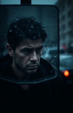 A poignant scene of a man standing in a rain-soaked environment, his face reflecting a deep sense of sadness