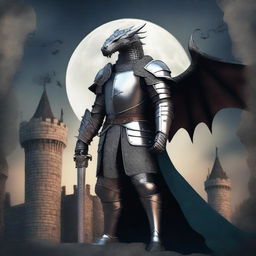 Generate an image of a medieval knight wearing a unique dragon-themed armor, standing proudly against the backdrop of a foreboding Gothic castle under the light of the crescent moon