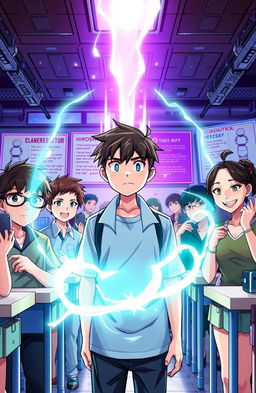 In a vibrant, futuristic school setting filled with excitement and tension, depict Lucas Silva, a teenage boy with a look of uncertainty on his face, standing among his classmates who are eagerly awaiting the 'Gene Rift' activation