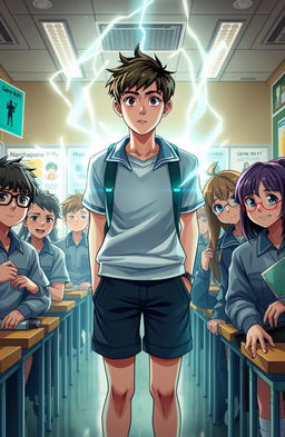 In a vibrant, futuristic school setting filled with excitement and tension, depict Lucas Silva, a teenage boy with a look of uncertainty on his face, standing among his classmates who are eagerly awaiting the 'Gene Rift' activation