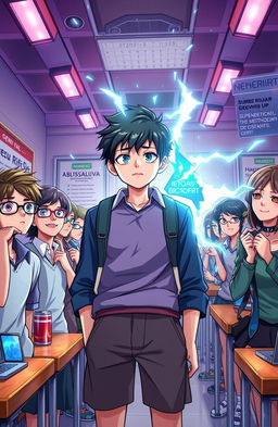 In a vibrant, futuristic school setting filled with excitement and tension, depict Lucas Silva, a teenage boy with a look of uncertainty on his face, standing among his classmates who are eagerly awaiting the 'Gene Rift' activation