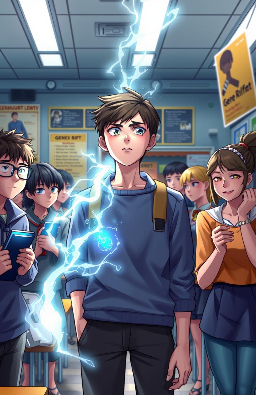 In a vibrant, futuristic school setting filled with excitement and tension, depict Lucas Silva, a teenage boy with a look of uncertainty on his face, standing among his classmates who are eagerly awaiting the 'Gene Rift' activation