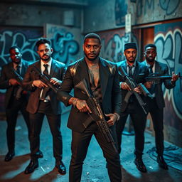 A group of five young Mafia members in their 20s gathered in a gritty urban environment