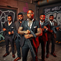 A group of five young Mafia members in their 20s gathered in a gritty urban environment