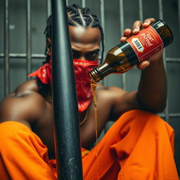 A close-up of a muscular African American gang member with an angry expression, wearing baggy orange pants and a red bandana mask covering his mouth and nose