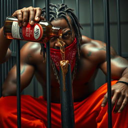 A close-up of a muscular African American gang member with an angry expression, wearing baggy orange pants and a red bandana mask covering his mouth and nose
