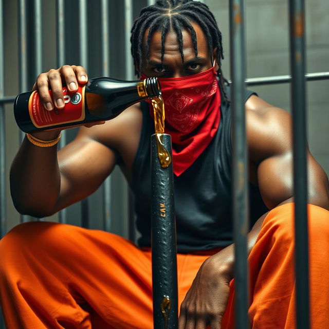 A close-up of a muscular African American gang member with an angry expression, wearing baggy orange pants and a red bandana mask covering his mouth and nose