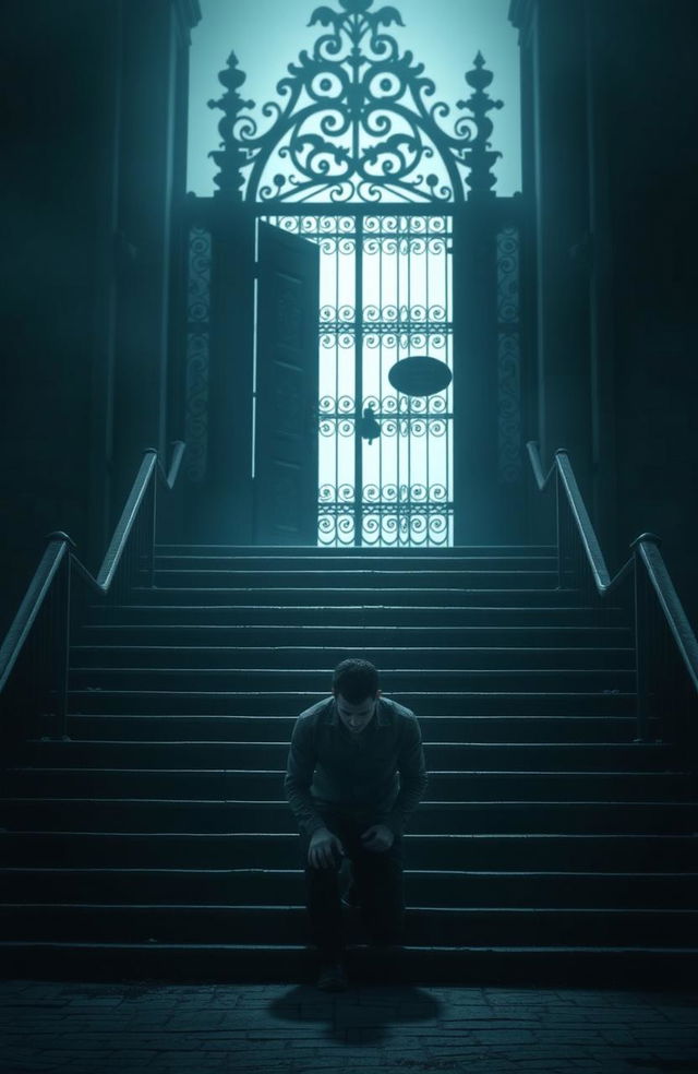 A poignant scene featuring a set of steps leading up to an imposing, mysterious gate