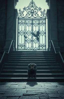 A poignant scene featuring a set of steps leading up to an imposing, mysterious gate