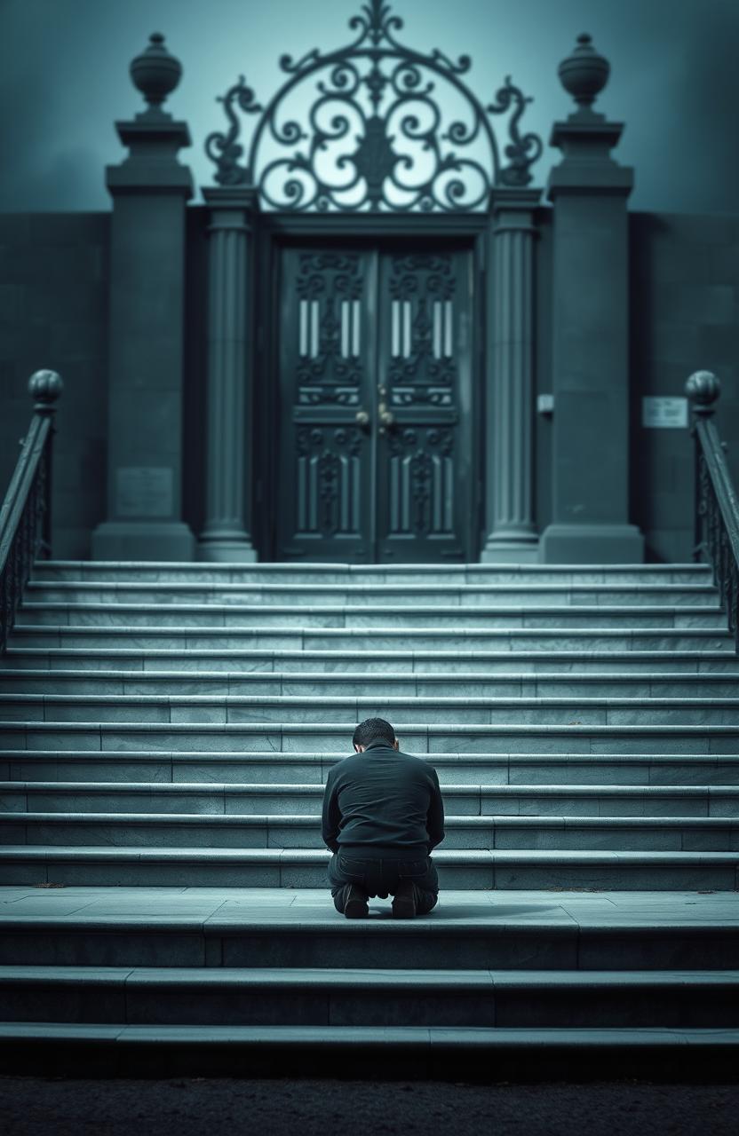 A poignant scene featuring a set of steps leading up to an imposing, mysterious gate