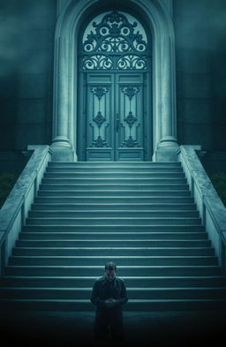 A poignant scene featuring a set of steps leading up to an imposing, mysterious gate