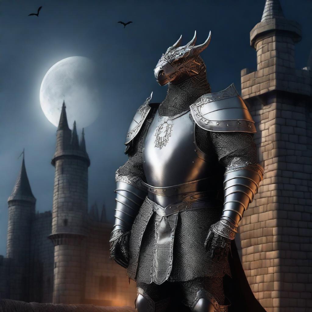 Generate an image of a medieval knight wearing a unique dragon-themed armor, standing proudly against the backdrop of a foreboding Gothic castle under the light of the crescent moon