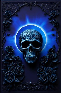 A dark-themed 3D book cover featuring shades of blue and purple