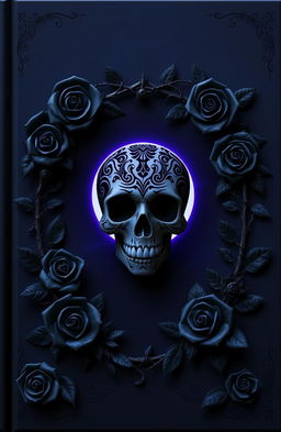 A dark-themed 3D book cover featuring shades of blue and purple