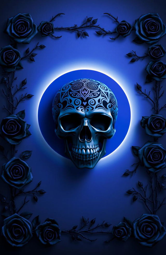 A dark-themed 3D book cover featuring shades of blue and purple