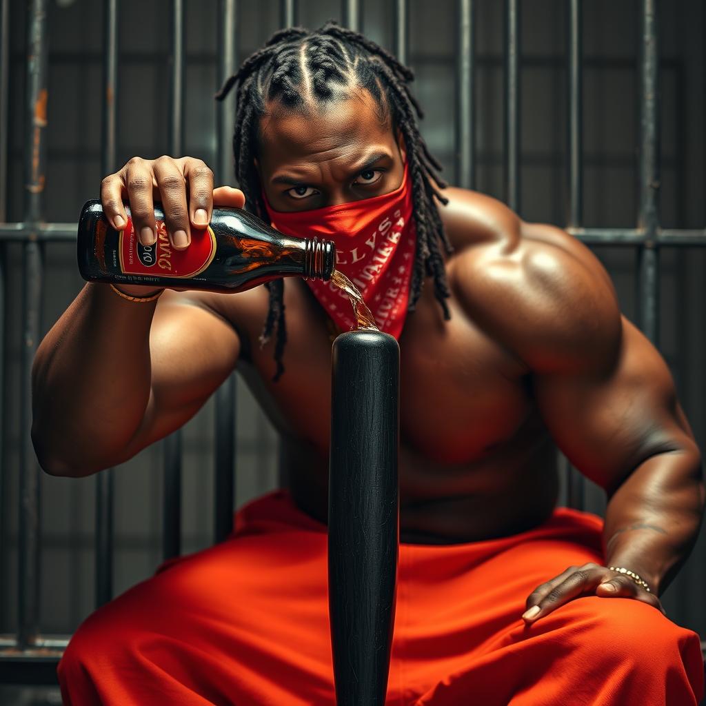 A close-up of a muscular African American gang member showing an angry expression, wearing baggy orange pants and a red bandana mask covering his mouth and nose